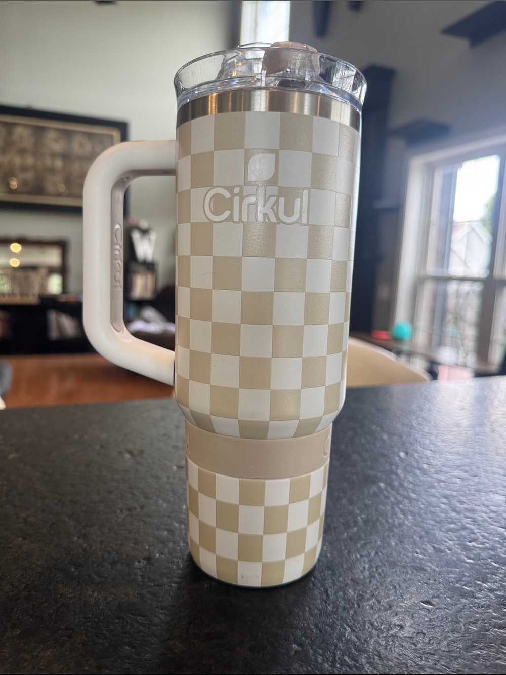 Cirkul Checkered Stainless Steel Tumbler With Handle Cream Beige